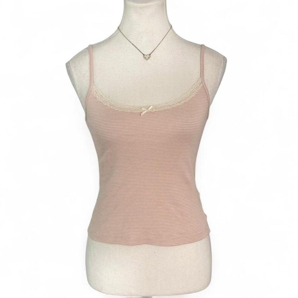 John Galt Baby Pink & white striped lace trim tank top bow 100% Cotton One Size